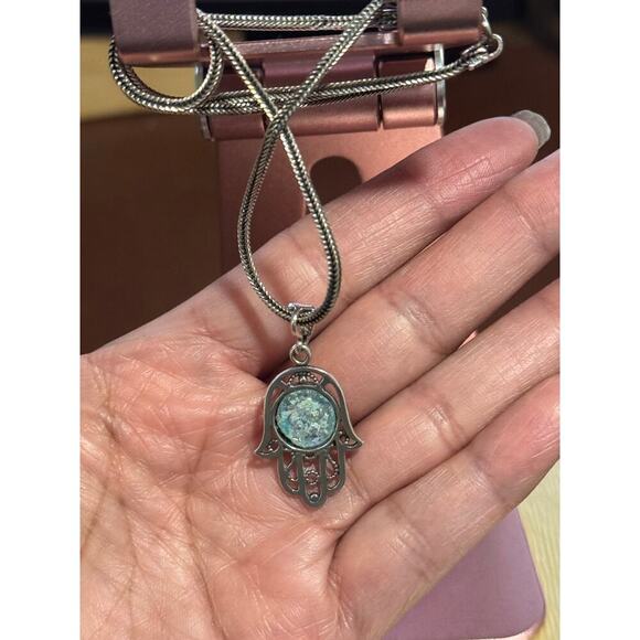 Shamay and Benlulu Chai in Hamsa Necklace silver 925 Roman glass center accent - Picture 7 of 8